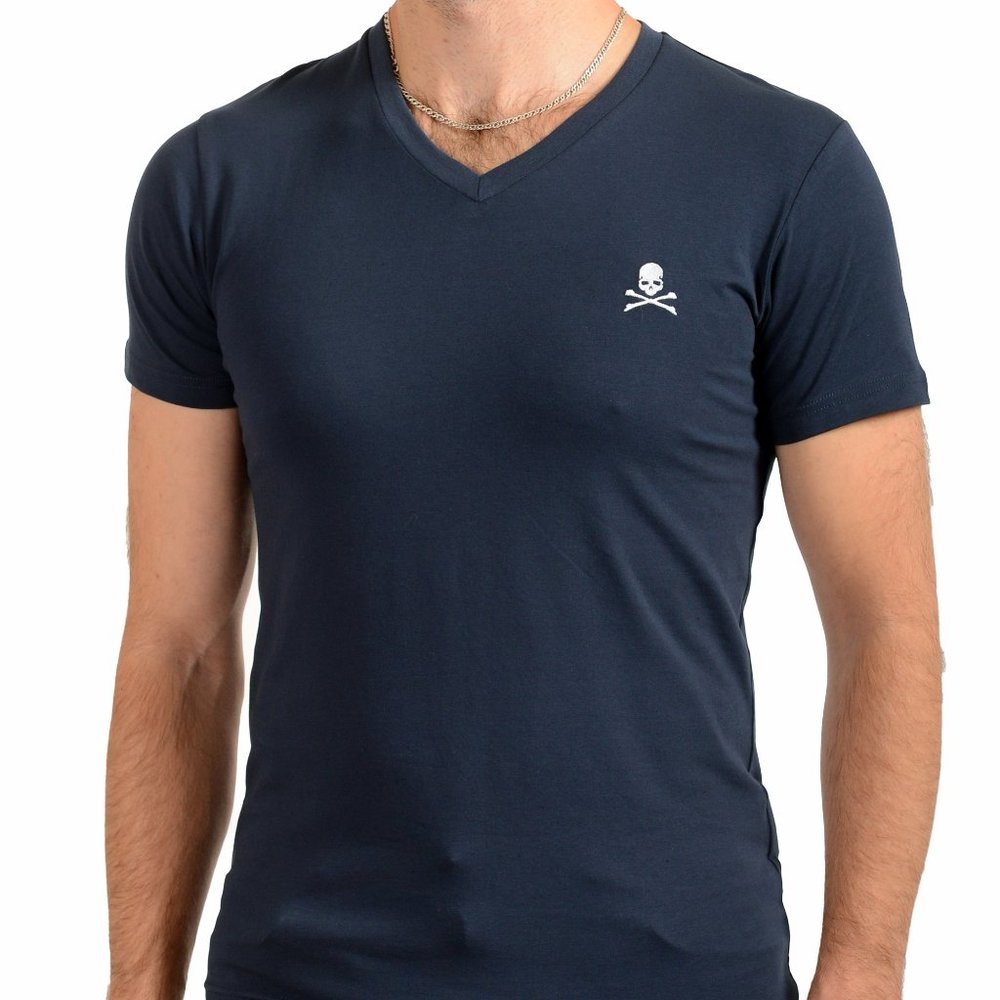 Philipp Plein Men's Navy Blue Short Sleeve Logo Print V-Neck T-Shirt